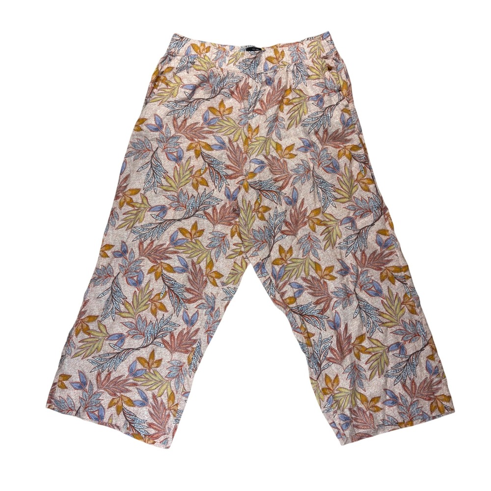 Nicole Miller New York Womens Large Linen Wide Leg Crop Pants‎ Tropical Leaf